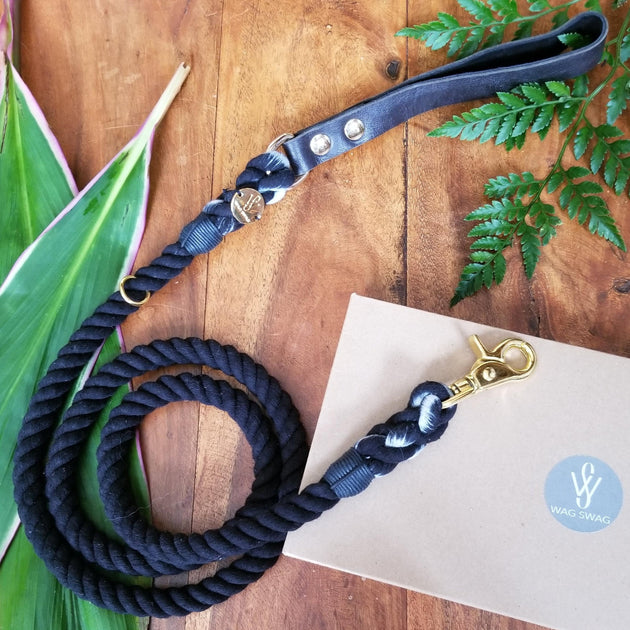 Black Cotton Rope Leash with Leather Accents - Mountain Shiba